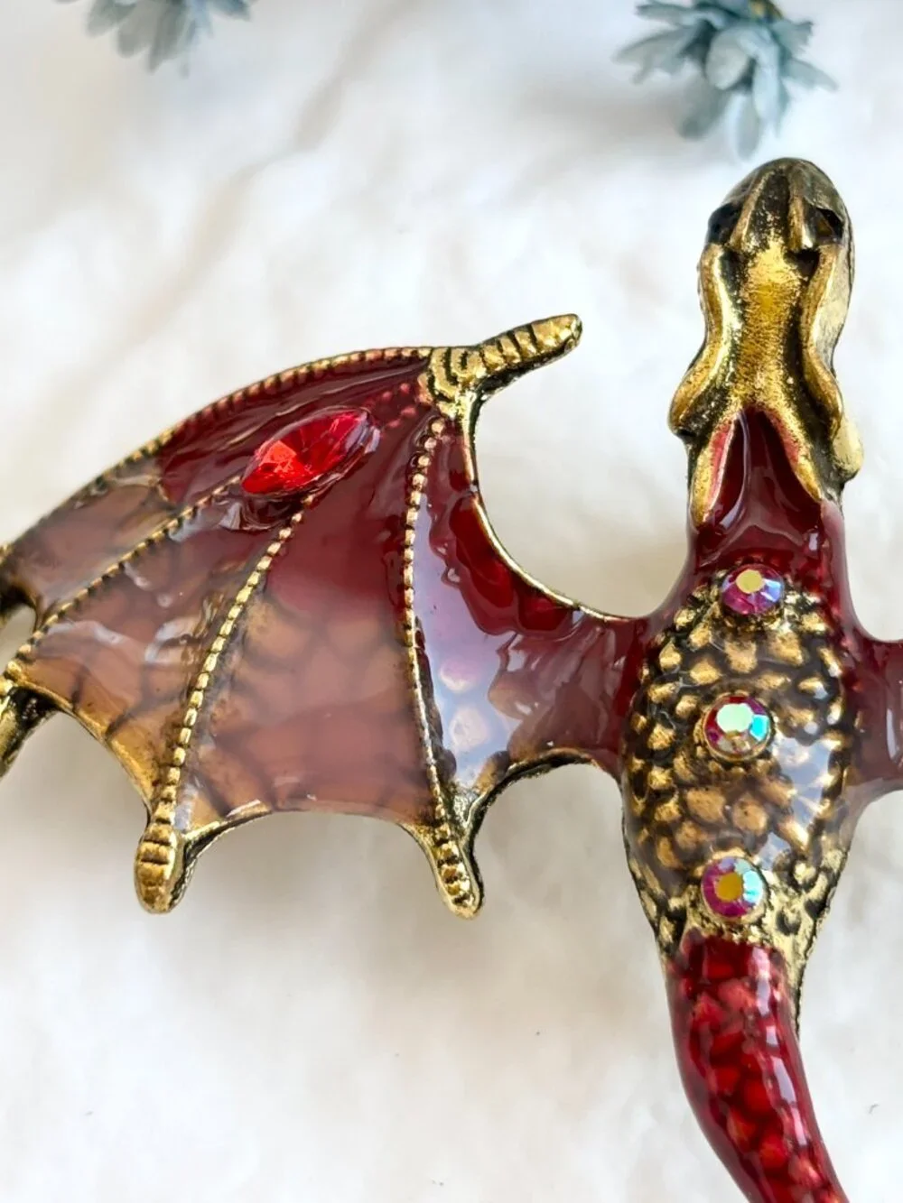 Flying Dragon Figural Red Winged Enameled Rhinestone Ornate Textured Brooch Pin